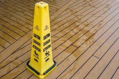 A wet floor warning sign put up after someone slipped on a cruise ship and was left wondering, “Does health insurance cover cruise ship injuries?”